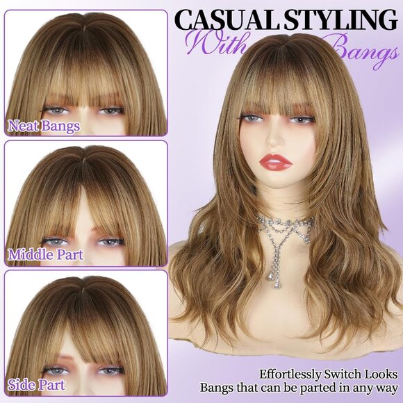 Light Brown Wig with Bangs for Women, Brown Mixed Blonde Layered Curly Wavy Wigs - Picture 6 of 9